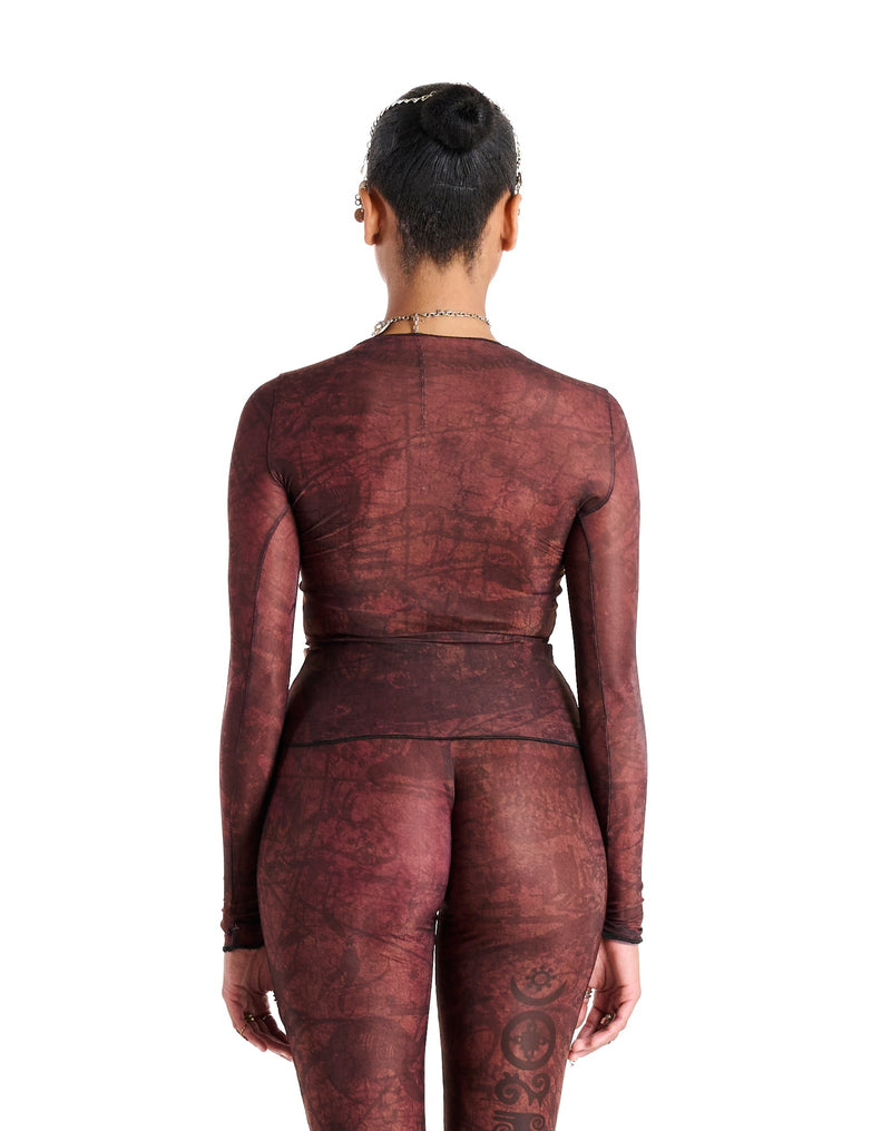 Sheer cropped long sleeve Demi Top with artful allover print, back view