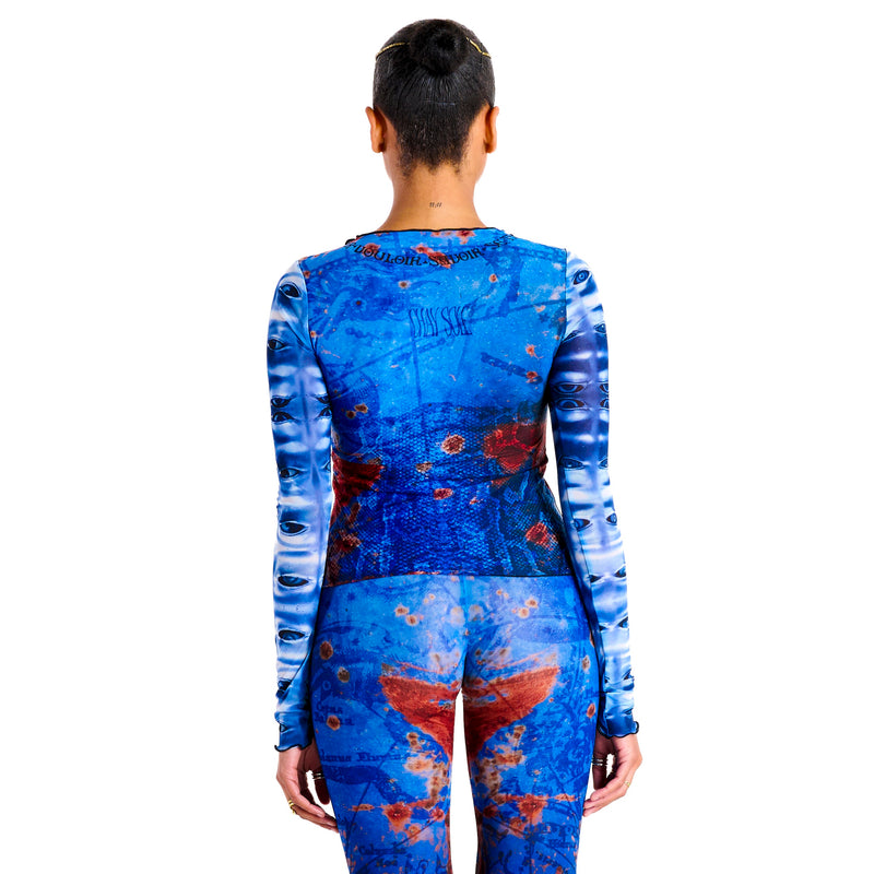 Sheer cropped long sleeve Demi Top in OCEAN with full Medusa homage and allover abstract print, back view