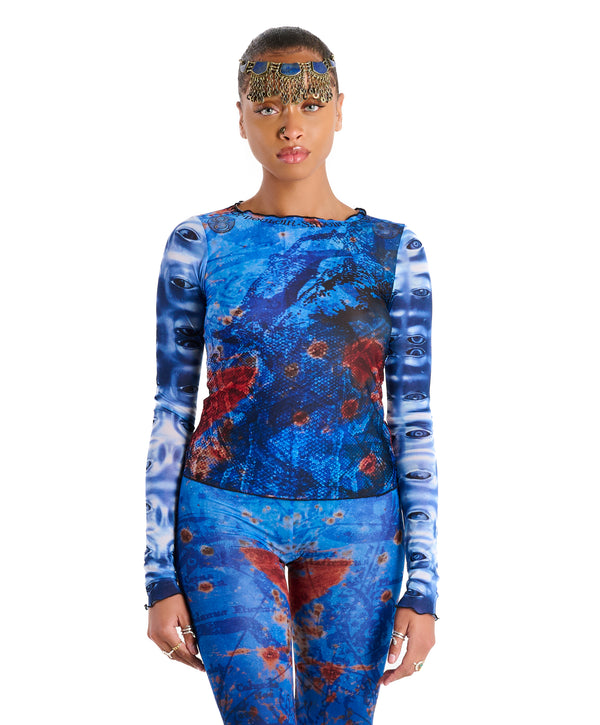 Sheer cropped long sleeve Demi Top in OCEAN with signature allover abstract print, front view