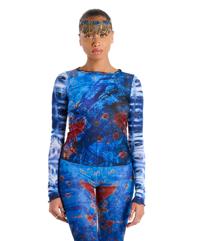 Sheer cropped long sleeve Demi Top in OCEAN with signature allover abstract print, front view