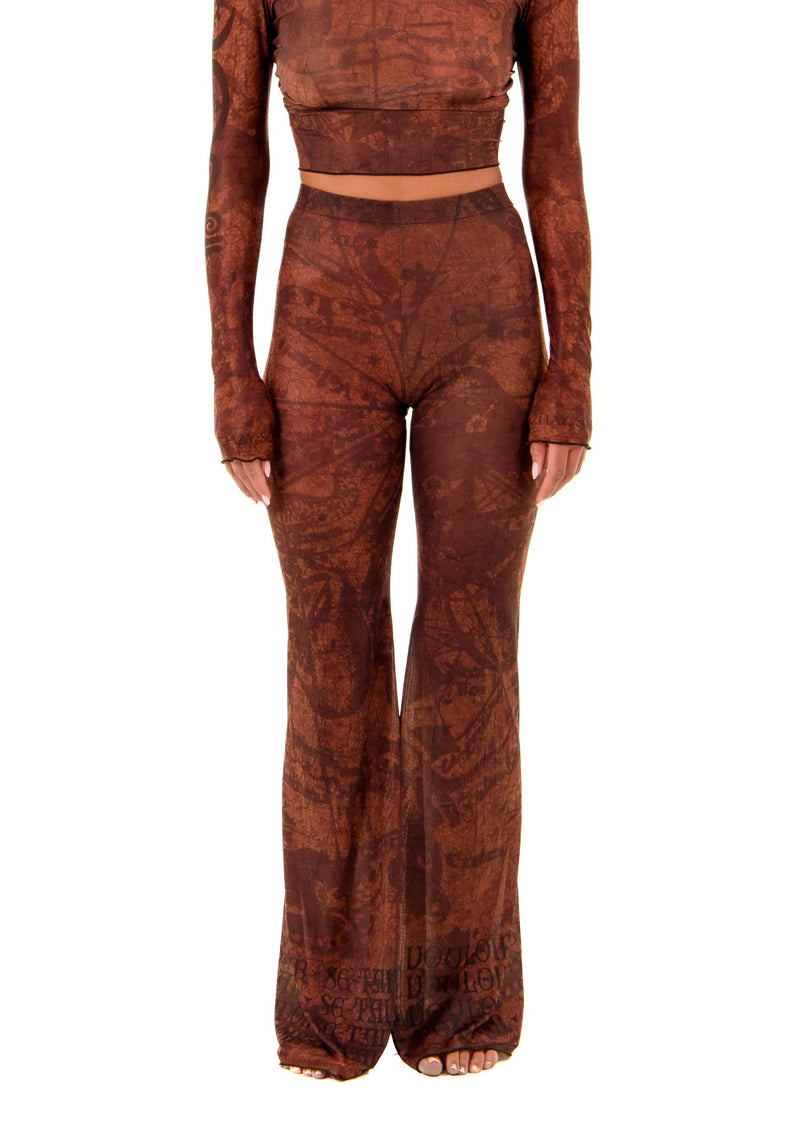 Sheer flowing Donatella Trouser in EARTH with signature allover abstract print, front view