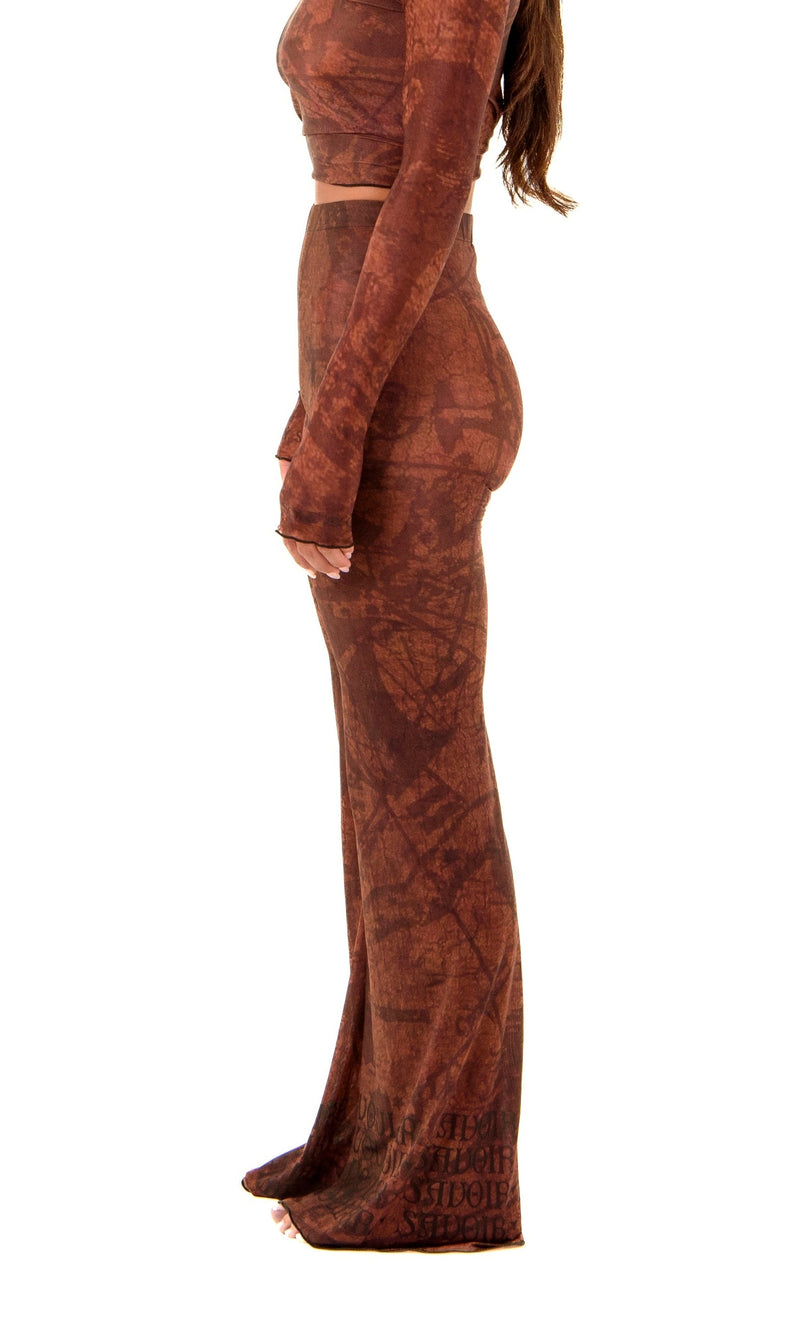 Side view of Donatella Trouser in EARTH highlighting fluid silhouette and stretch mesh