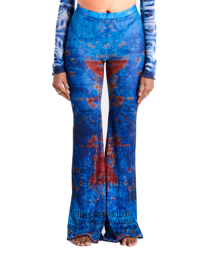 Sheer flowing Donatella Trouser in OCEAN with signature allover abstract “Women of Water” print, front view