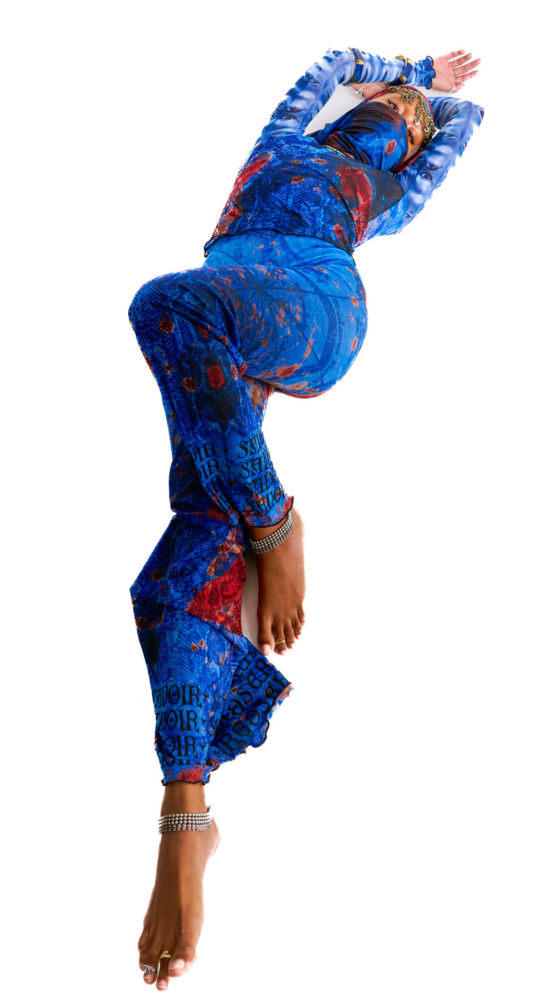 Model wearing Donatella Trouser in OCEAN paired with Demi Top, showcasing flowing wide-leg silhouette