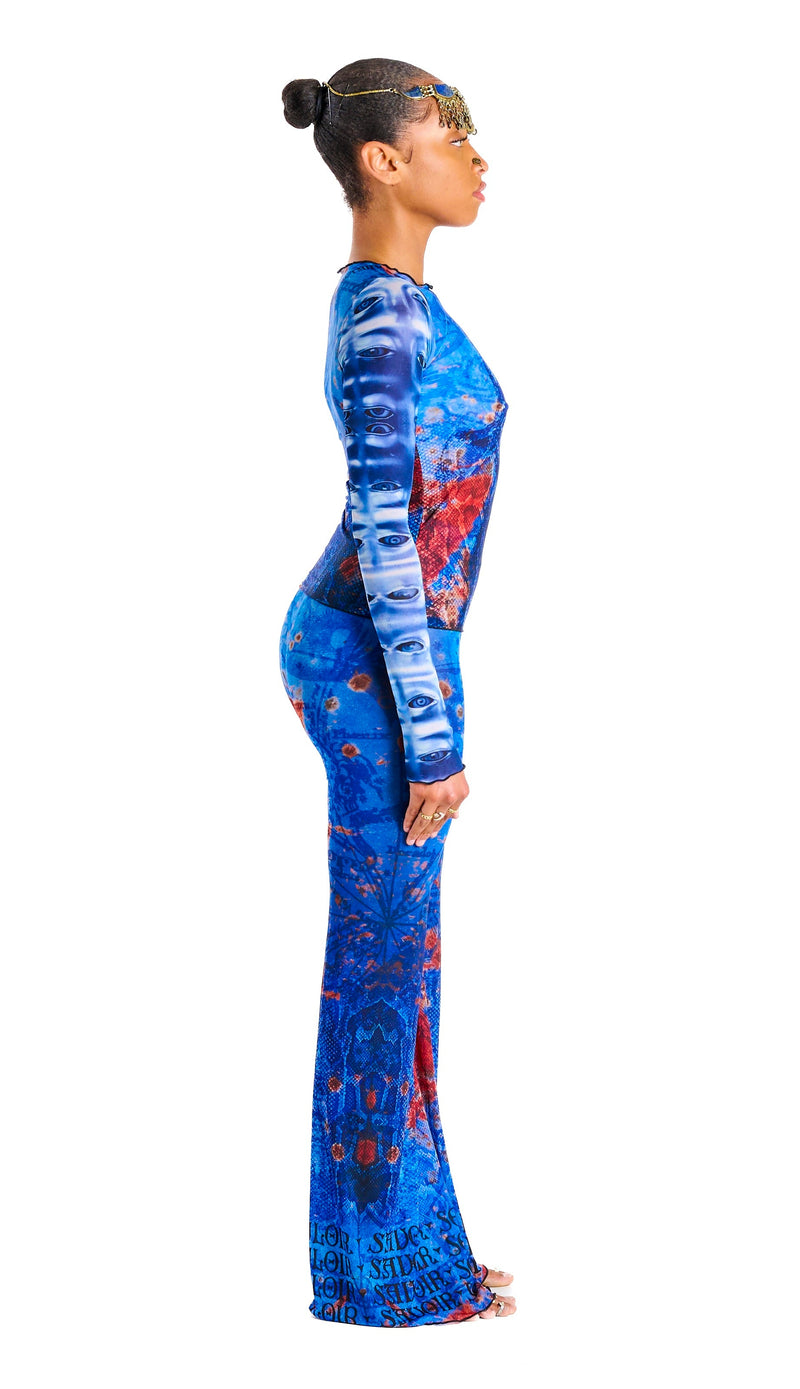 Side view of Donatella Trouser in OCEAN highlighting elastic waistband and draping mesh