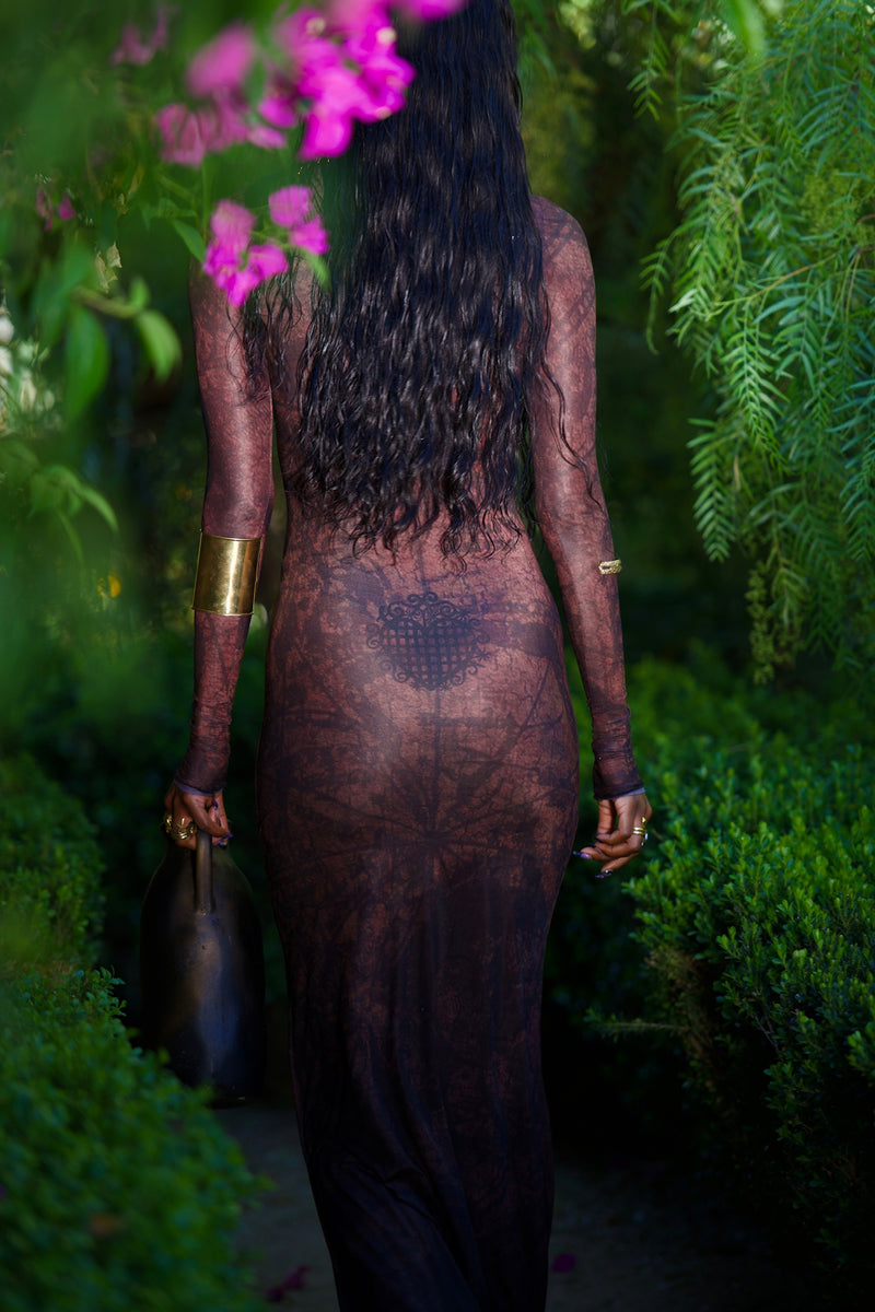 Printed mesh long sleeve maxi dress with art graphic