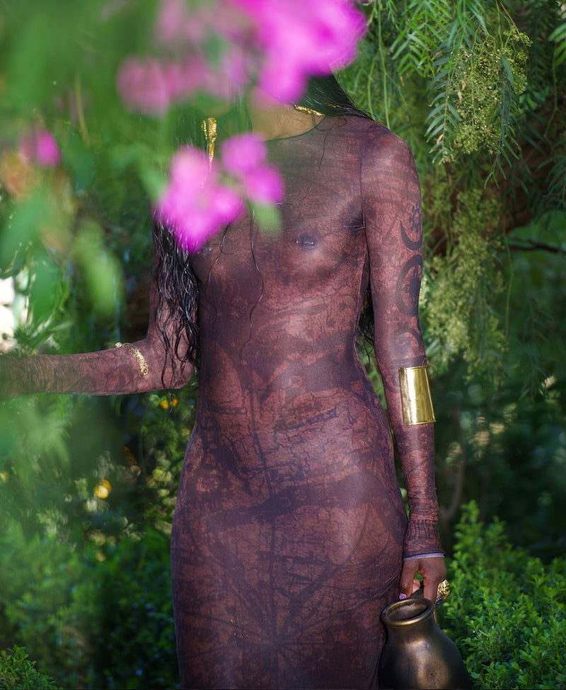 Printed mesh long sleeve maxi dress with art graphic