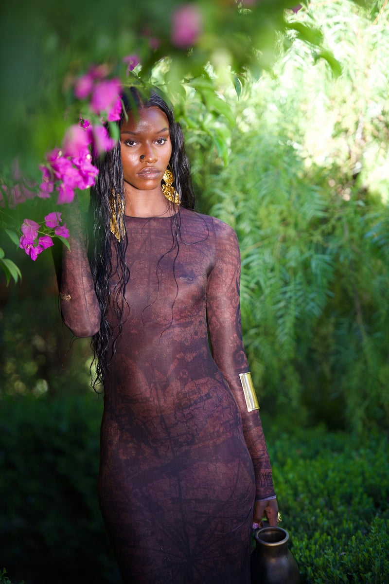 Printed mesh long sleeve maxi dress with art graphic