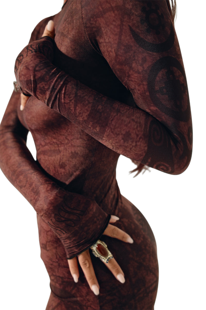 Printed mesh long sleeve maxi dress with art graphic