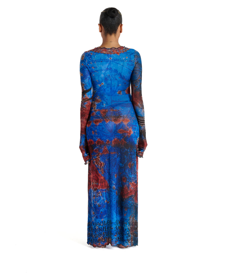 Printed sheer mesh long sleeve maxi dress with art graphic