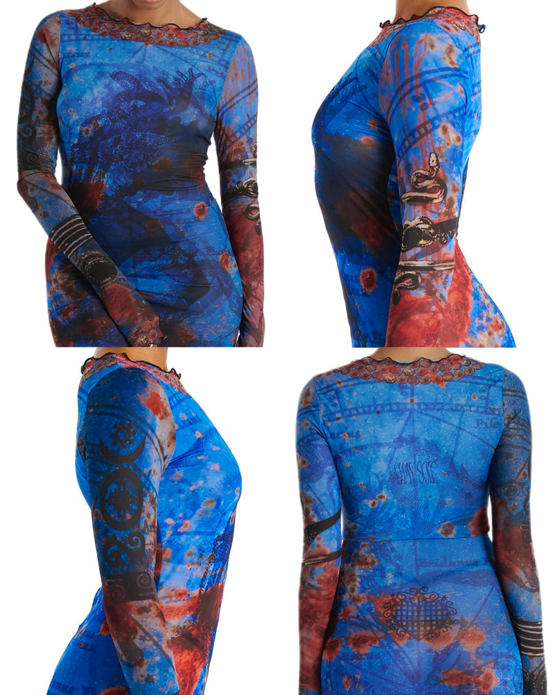 Printed sheer mesh long sleeve maxi dress with art graphic