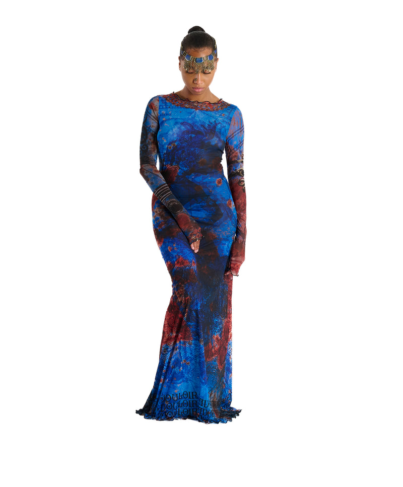 Printed mesh long sleeve maxi dress with art graphic
