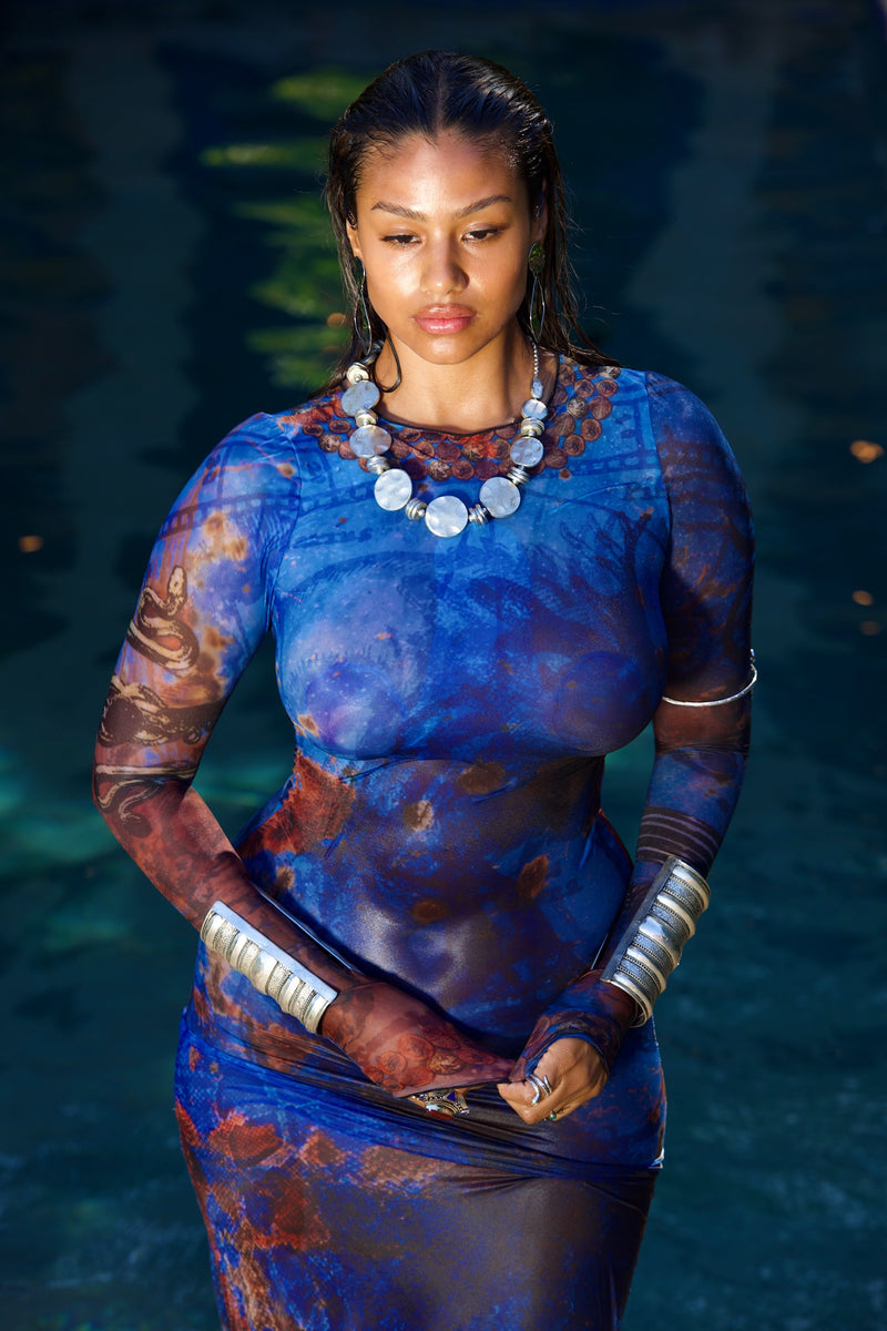 Printed sheer mesh long sleeve maxi dress with art graphic