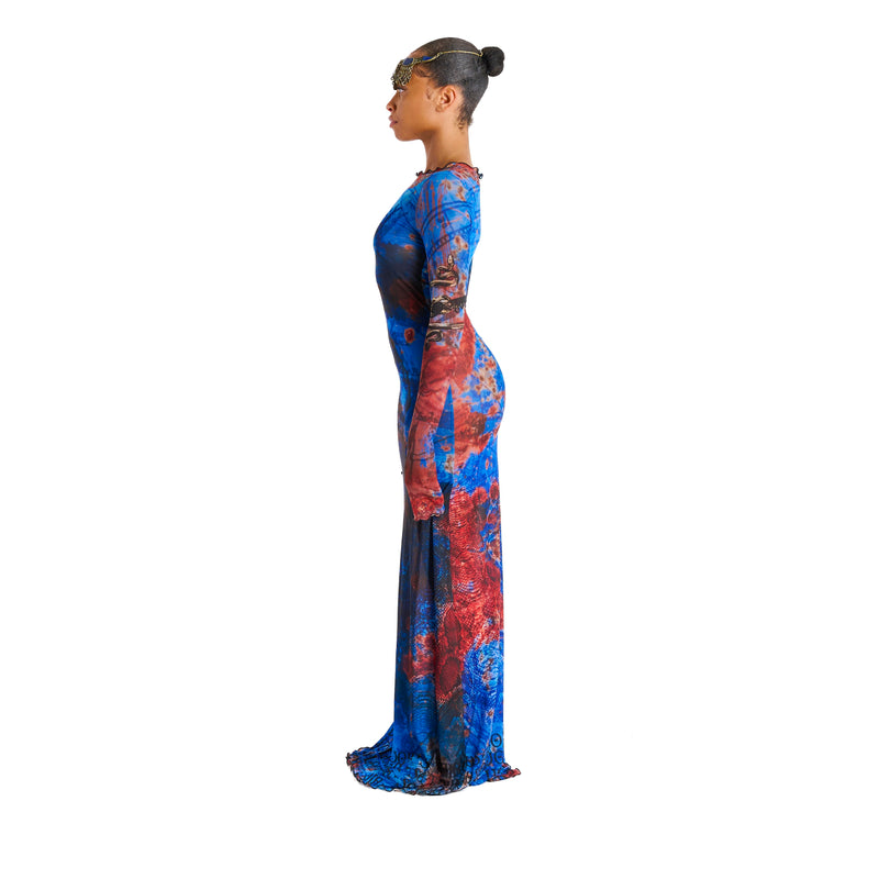 Medusa Dress Sheer Long Sleeve Maxi Gown with Art Print Designer Statement Dress | CHAY SOL Ocean / XL Medusa Dress Sheer Long Sleeve Maxi Gown with Art Print Designer Statement Dress | CHAY SOL Ocean / XL