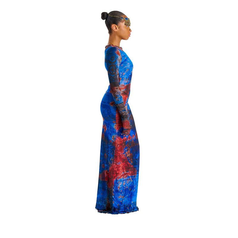 Printed sheer mesh long sleeve maxi dress with art graphic